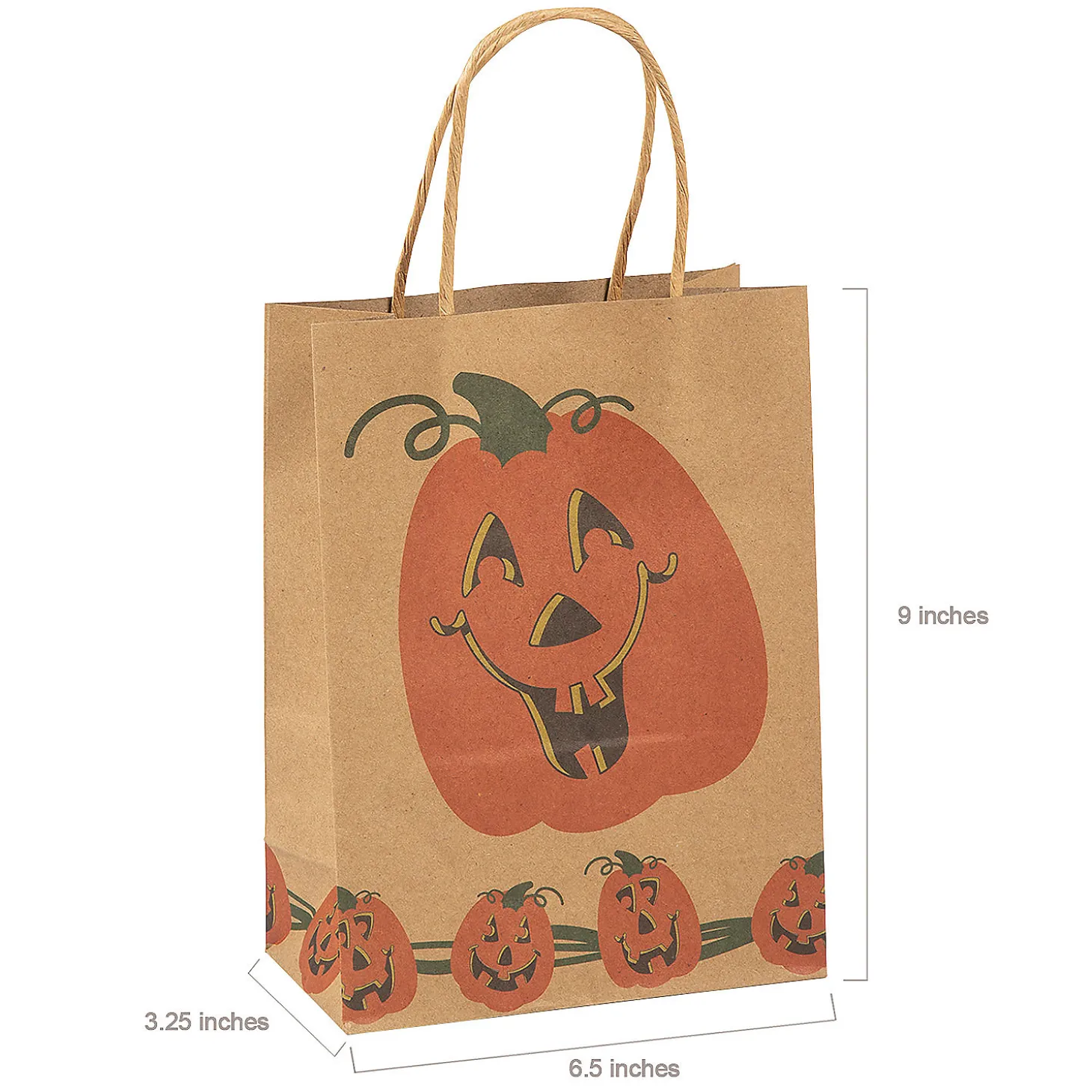 6 1/2" X 3 1/4" X 9" Medium Brown Jack-O'-Lantern Paper Gift Bags - 12 Pc.