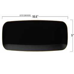10.6" X 5" Black With Gold Rim Flat Raised Edge Rectangular Disposable Plastic Plates (50 Plates)