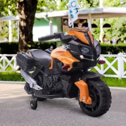 Aosom 6V Kids Motorcycle Dirt Bike Electric Battery Powered Ride On Toy Off Road Street Bike With Rechargeable Battery Pedal Headlights And Training Wheels Orange