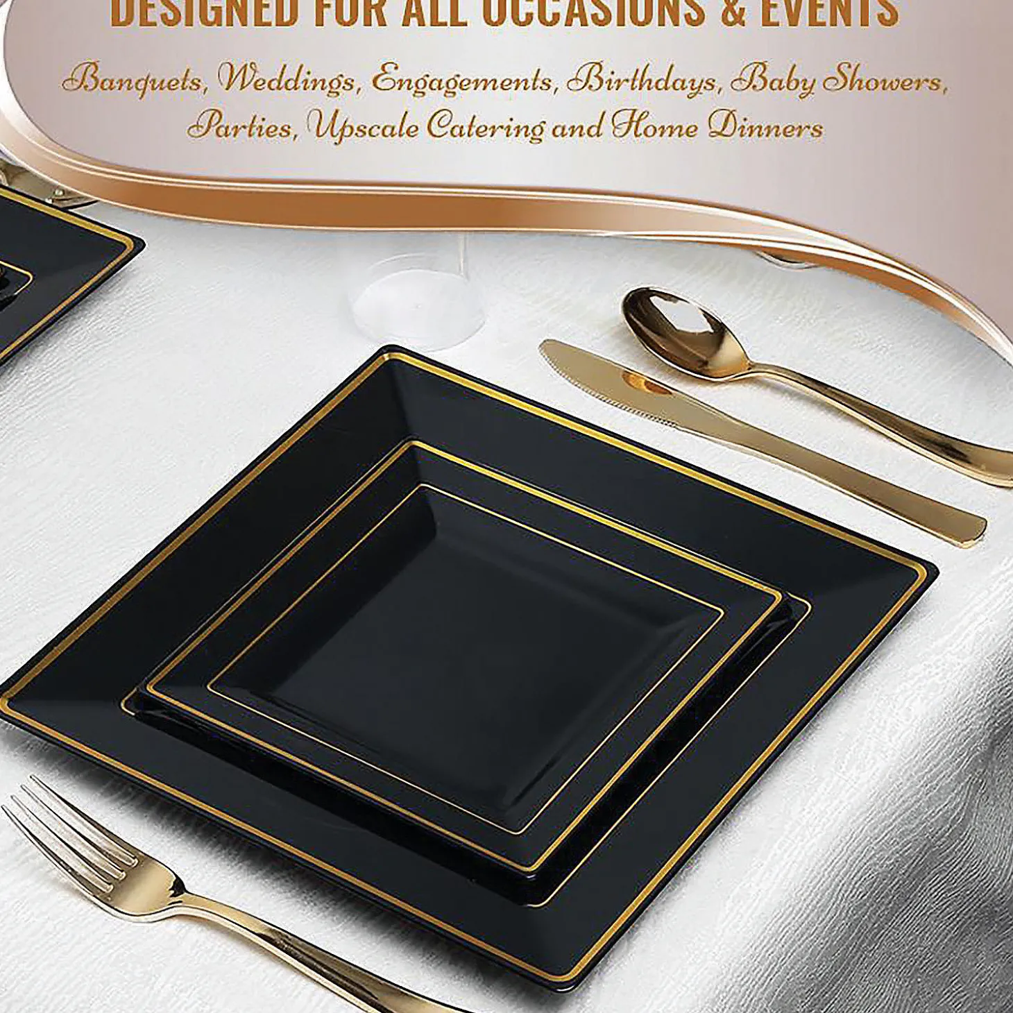 Black With Gold Square Edge Rim Plastic Dinnerware Value Set (20 Settings)