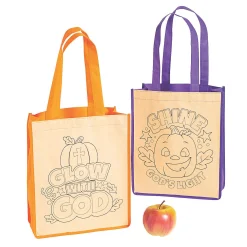 Color Your Own Medium Christian Pumpkin Halloween Nonwoven Tote Bags - 12 Pc.