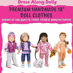 Dress Along Dolly Gymnastics Doll Outfit For 18" Dolls (4 Pc Set) - Sports Premium Costume Handmade Clothes Include Leotard, Warm-Up Pants & Jacket, Sneakers