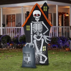 Gemmy Projection Airblown Starspinner Skeleton And Haunted House Tombstone Scene (White) 8 Ft Tall