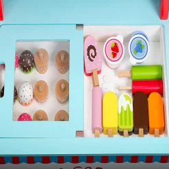 Ice Cream Cart Kids Playstand- Premium Wood 33+ Piece Realistic Wooden Play Set W Money Box, Chalkboard And 30+ Icecream Accessories