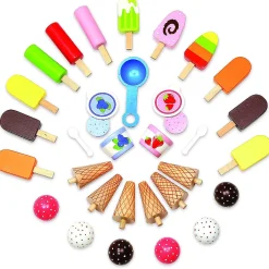 Ice Cream Cart Kids Playstand- Premium Wood 33+ Piece Realistic Wooden Play Set W Money Box, Chalkboard And 30+ Icecream Accessories
