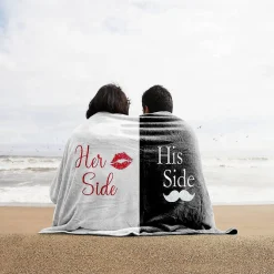 Kovot Her Side His Side Towel With Mustache And Red Lips. For Mr. And Mrs. Beach Or Bath, 30 Inch X 56 Inch