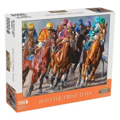 Mchezo 1000 Piece Jigsaw Puzzle: "Into The First Turn" Horse Racing Themed Kentucky Puzzle