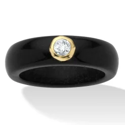 Palmbeach Jewelry 10K Yellow Gold Round Genuine Topaz Black Genuine Jade Bezel Set Ring Sizes 5-10