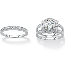 Palmbeach Jewelry Platinum-Plated Sterling Silver Round Cubic Zirconia Jacket Bridal Ring Set Sizes 5-10