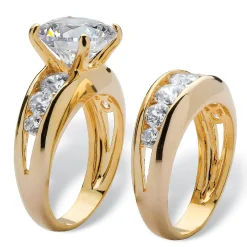 Palmbeach Jewelry Yellow Gold-Plated Round Cubic Zirconia Channel Set Bridal Ring Set Sizes 6-10