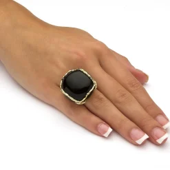 Palmbeach Jewelry Yellow Gold-Plated Natural Black Onyx Cabochon Pillow Ring Sizes 6-10
