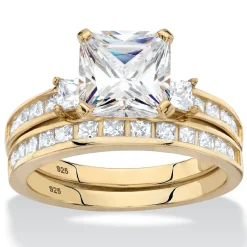 Palmbeach Jewelry Yellow Gold-Plated Sterling Silver Princess Cut Cubic Zirconia Bridal Ring Set Sizes 6-10