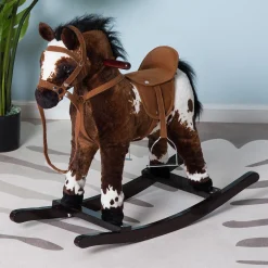 Qaba Kids Metal Plush Ride On Rocking Horse Chair Toy With Realistic Sounds Dark Brown/White